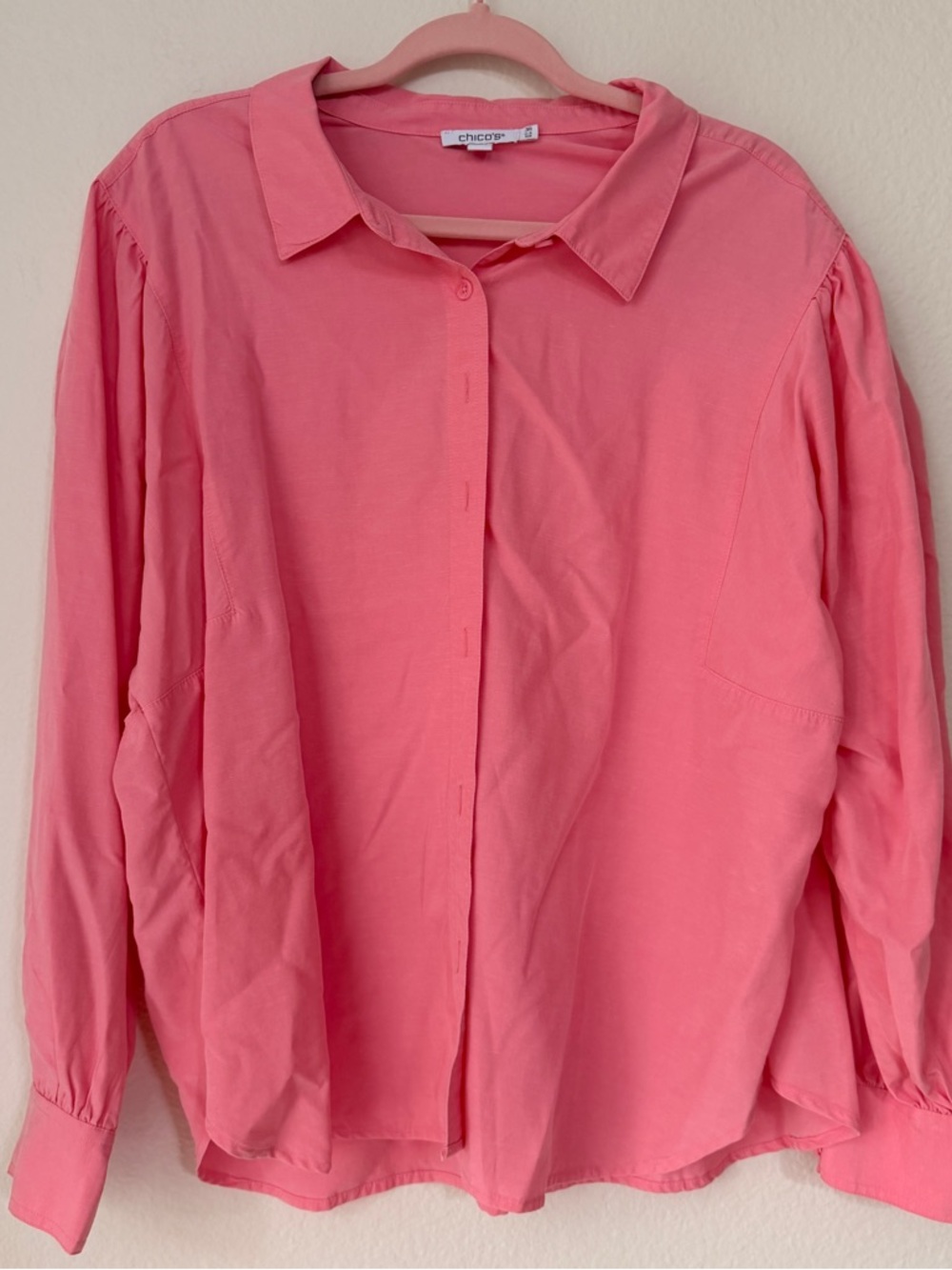 Chico’s Coastal Grandma Coral Pink Drapey Button‎ Up Linen Blend Top SZ 3 XL